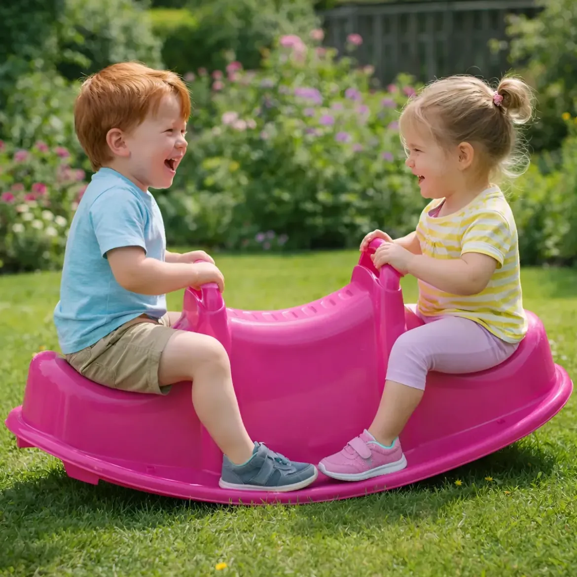 Dondolo per Bambini 3 Posti Plastica Rosa con Maniglie Resistenti