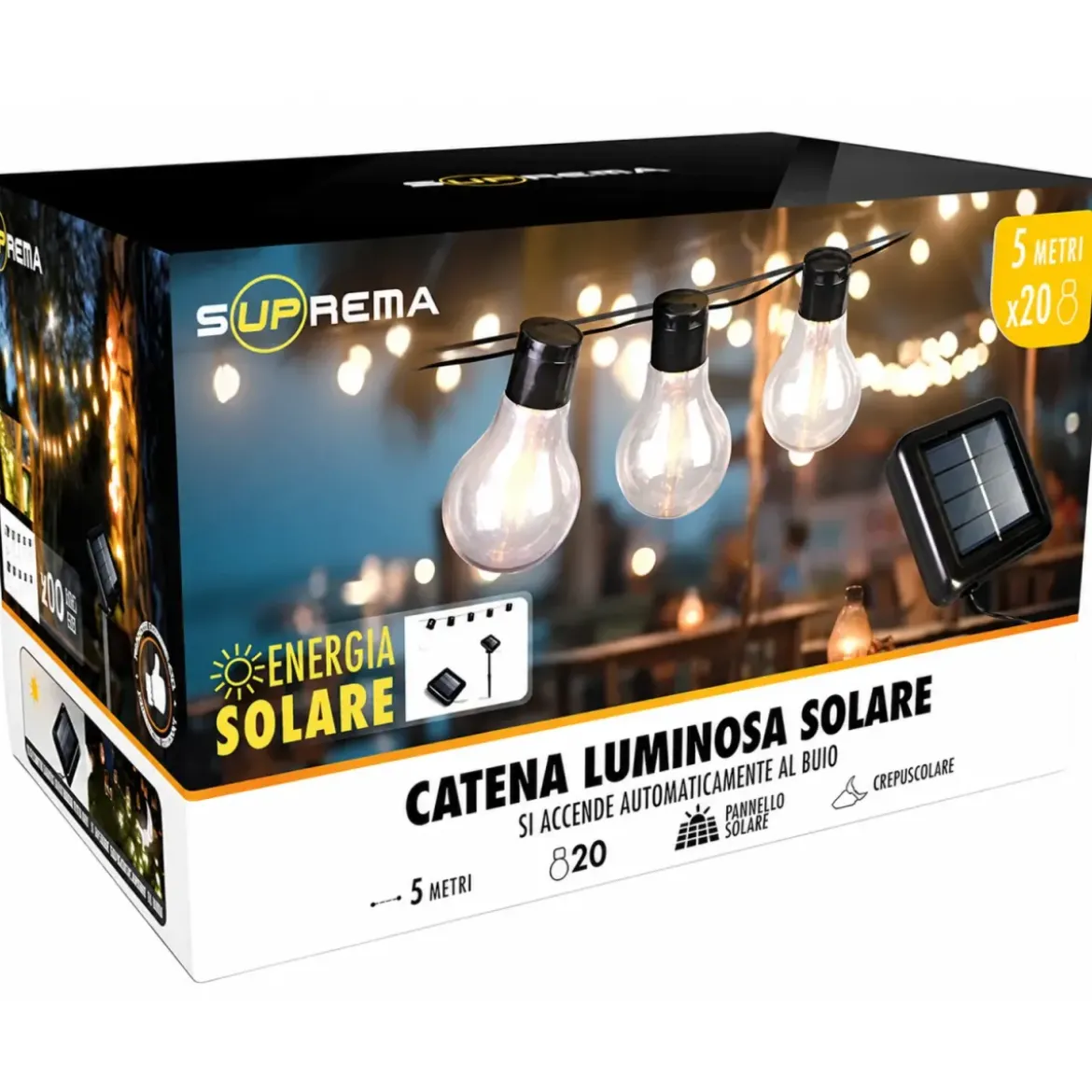 Filo Luci per Gazebo Pergole Energia Solare 20 LED 6W Luce Calda 5m