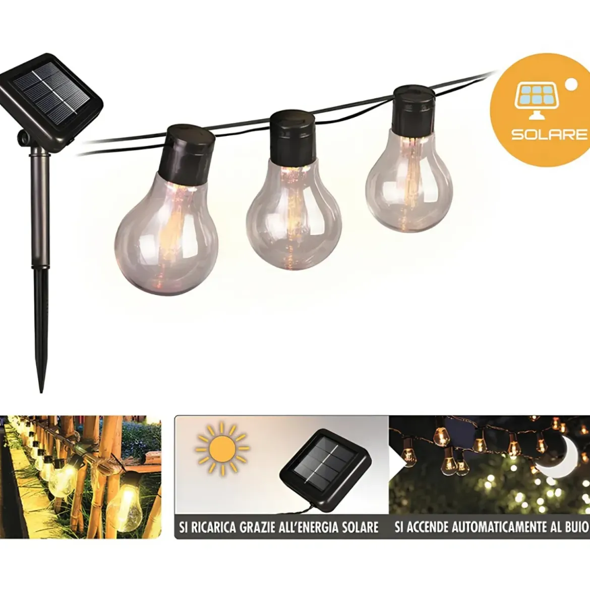 Filo Luci per Gazebo Pergole Energia Solare 20 LED 6W Luce Calda 5m