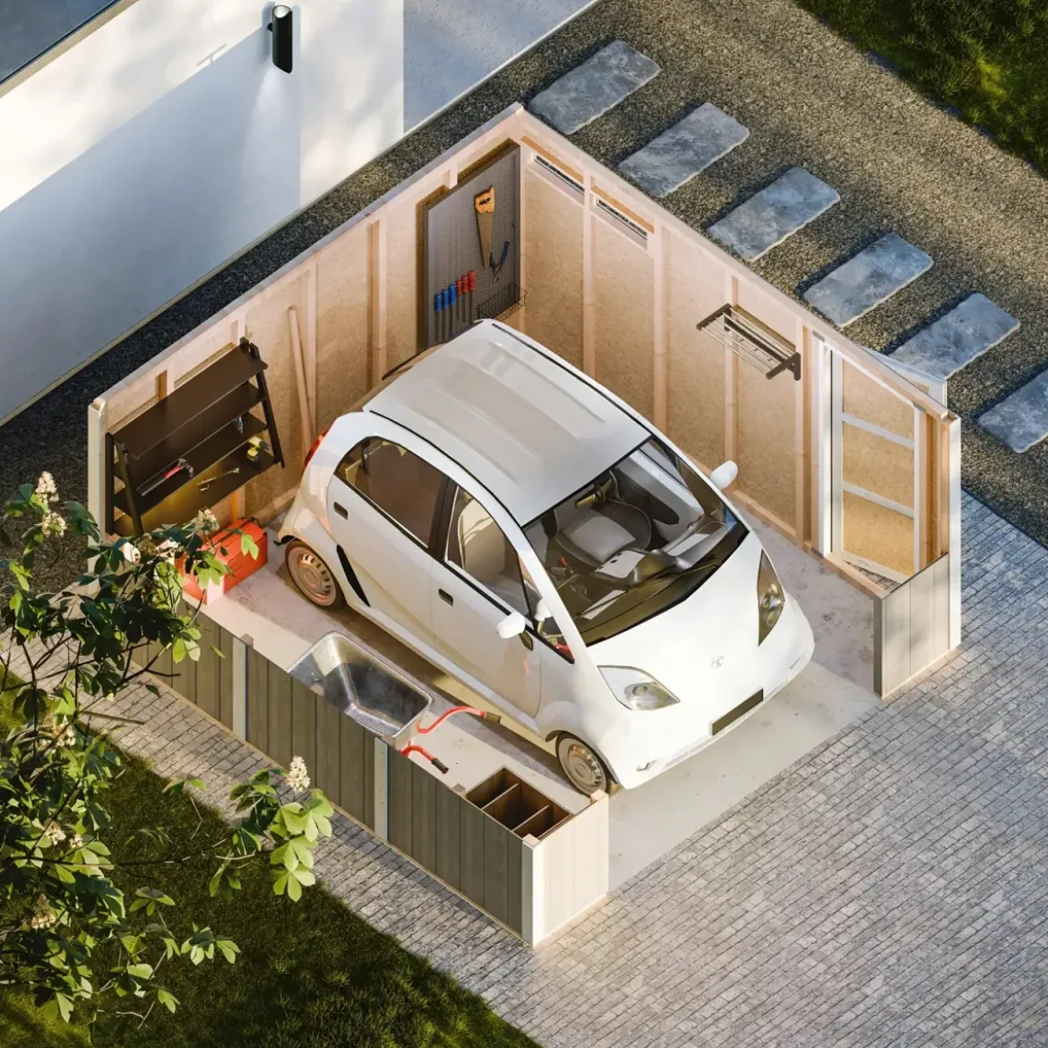 Garage in Legno Grezzo 368x354 cm a Pannelli Box con Porta Elettrica