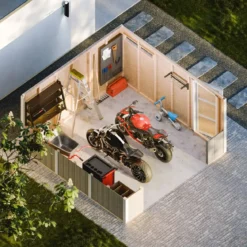 Garage in Legno 368x354 cm Marrone a Pannelli Box con Porta Elettrica