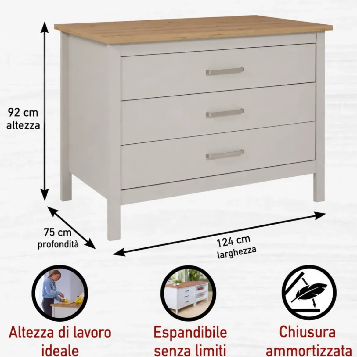 Isola da Cucina Beige Rovere Tavolo Bar con 3 Cassetti Soft-Close
