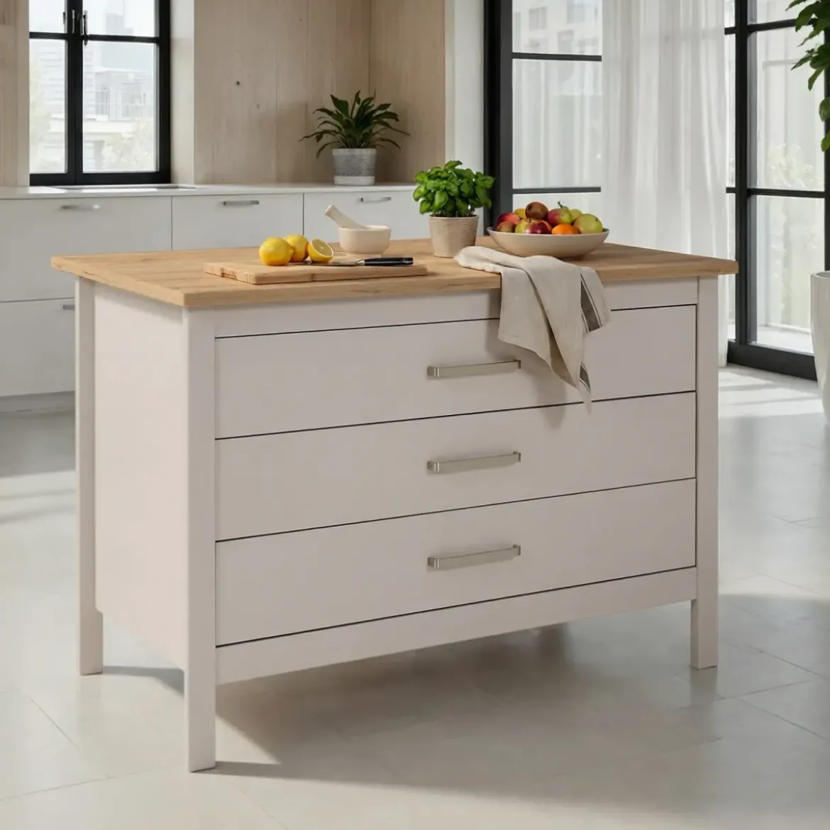 Isola da Cucina Beige Rovere Tavolo Bar con 3 Cassetti Soft-Close