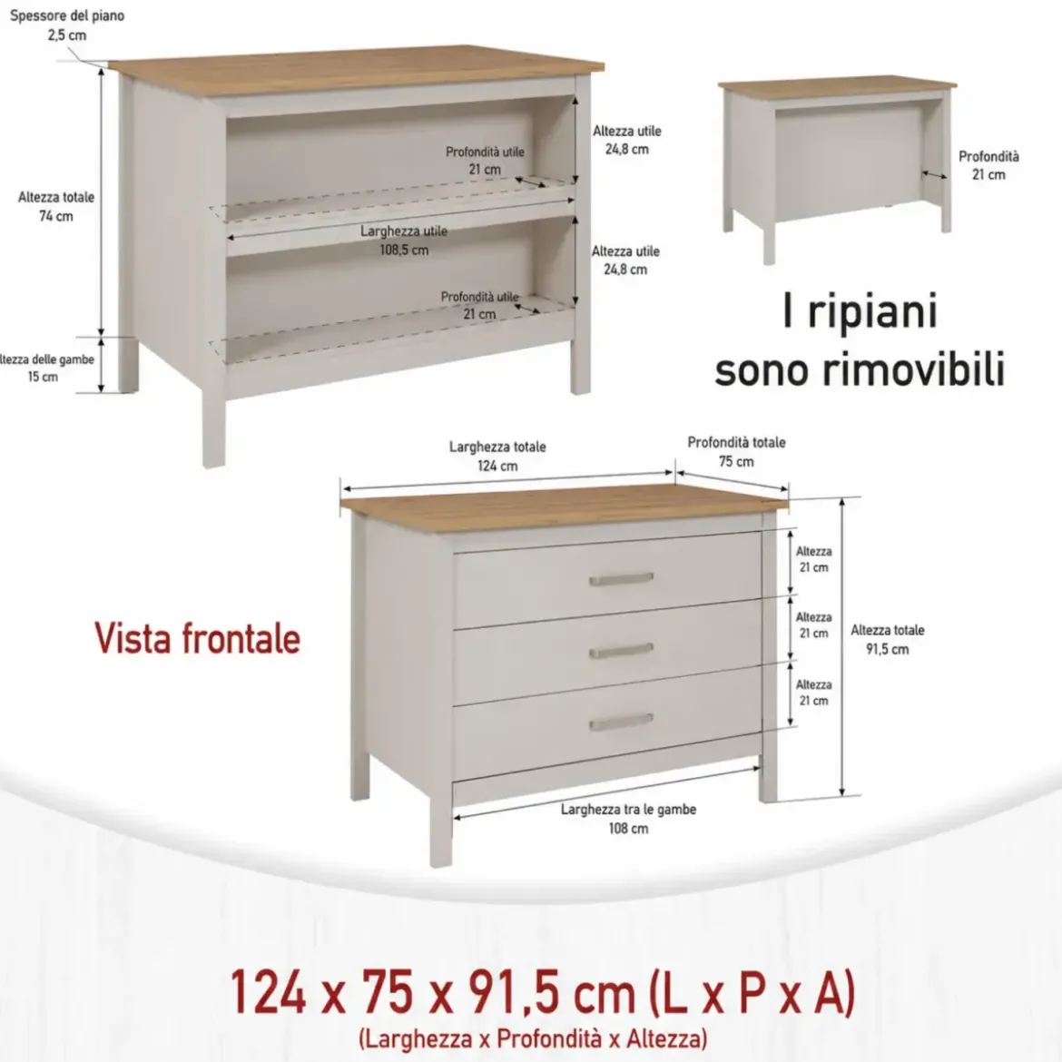 Isola da Cucina Beige Rovere Tavolo Bar con 3 Cassetti Soft-Close