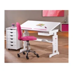 Kit Scrivania Bianca Tavolo Rosa Blu Inclinabile Legno Pino Cameretta Bambino