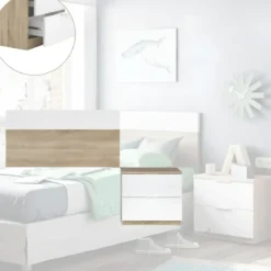 Kit Testiera Letto Singolo 90 cm con Comodino 2 Cassetti Rovere Bianco