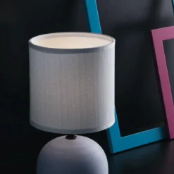 Lampada da Tavolo Grigia Lumetto in Ceramica con Paralume in Tessuto