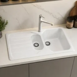 Lavello Cucina 2 Vasche con Gocciolatoio Reversibile Fragranite Bianco