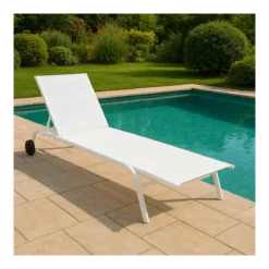 Lettino Sdraio Bianco 192x58x95H cm 5 Posizioni Textilene con Ruote