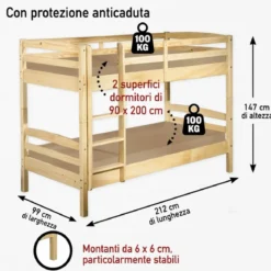 Letto a Castello 90x200 cm Legno Massello Naturale con 2 Reti Singole