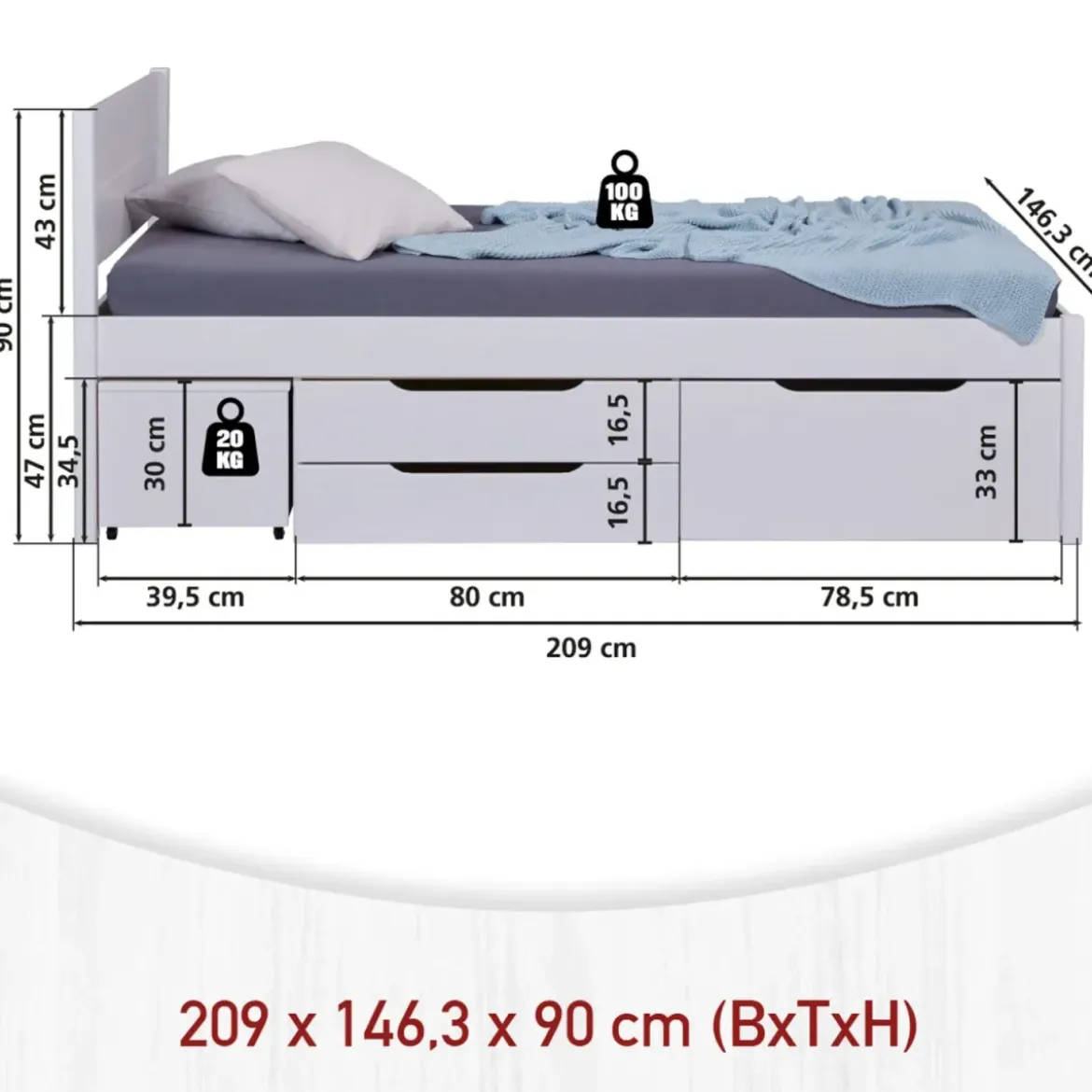 Letto alla Francese 140x200 cm in Legno Bianco con Cassetti Comodino