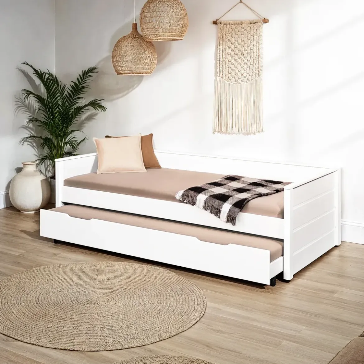 Letto Singolo Bianco con Cassettone Contenitore Estraibile da Cameretta