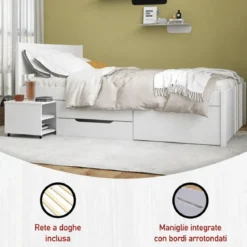 Letto Singolo 90x200 cm in Legno Bianco Cassetti Comodino Estraibili