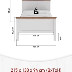 Letto Una Piazza e Mezza 120x200 cm in Pino Massello Bianco Rovere
