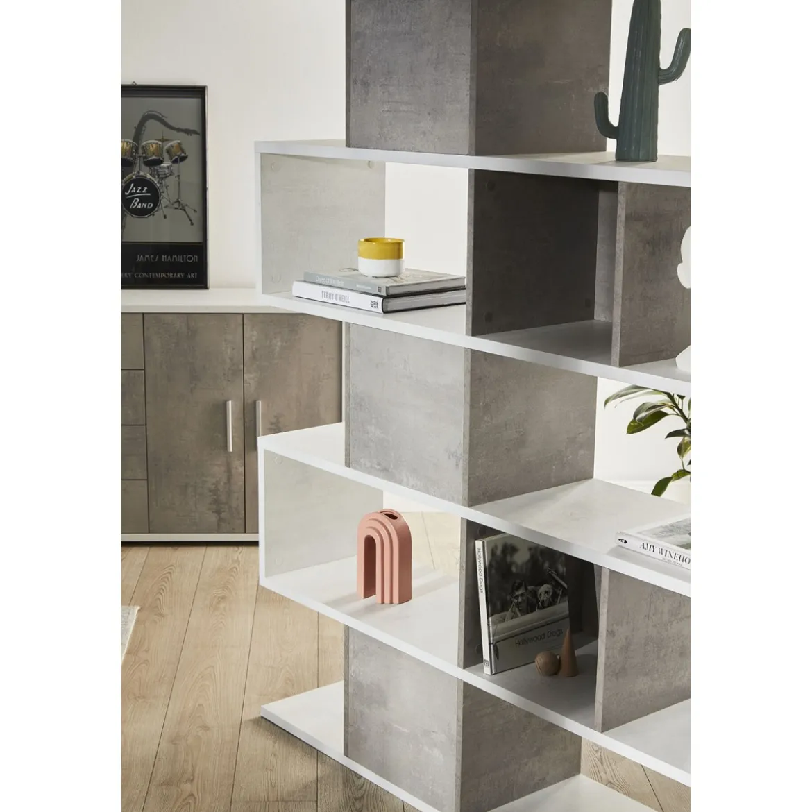 Libreria Modulare Geometrica Cemento Bianco Moderna Scaffale in Legno