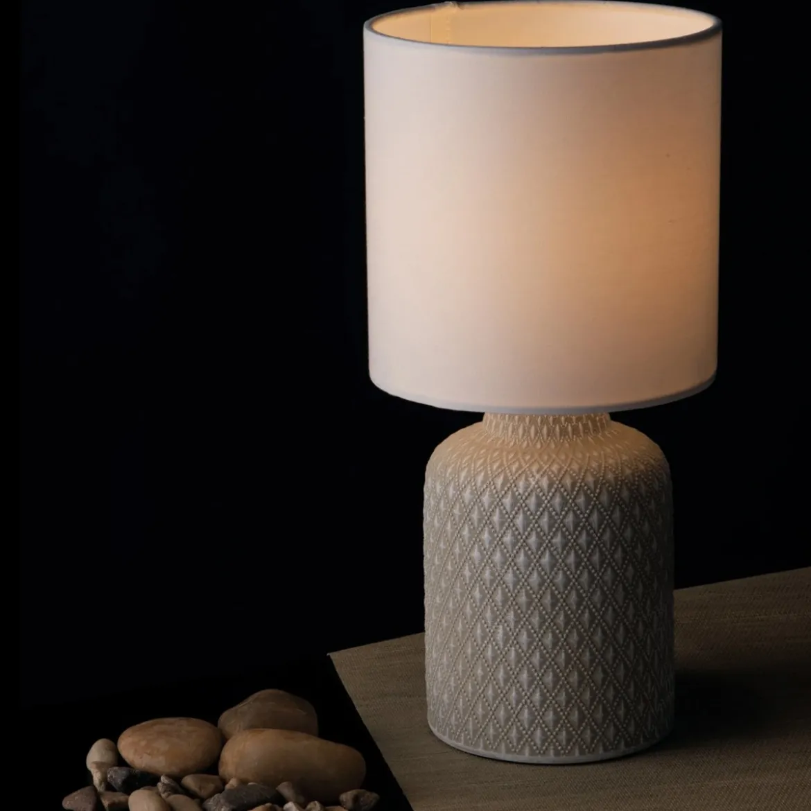 Luce da Tavolo in Ceramica Lampada con Paralume in Tessuto Grigio