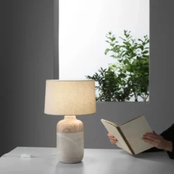 Luce da Tavolo Lampada in Ceramica e Legno con Paralume in Tessuto Bianco