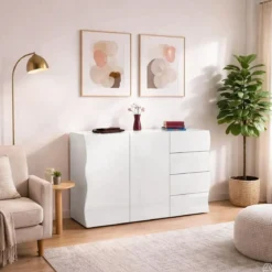 Madia a 2 Ante e 4 Cassetti Credenza in Legno Mobile Bianco da Ingresso