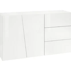 Madia 140 cm Credenza Laccato Bianco Mobile con 3 Cassetti e 2 Ante