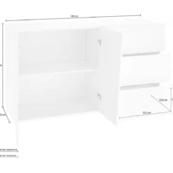 Madia 140 cm Credenza Laccato Bianco Mobile con 3 Cassetti e 2 Ante