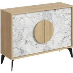 Madia Soggiorno Moderna 110 cm Rovere Bianco Effetto Marmo Piedini