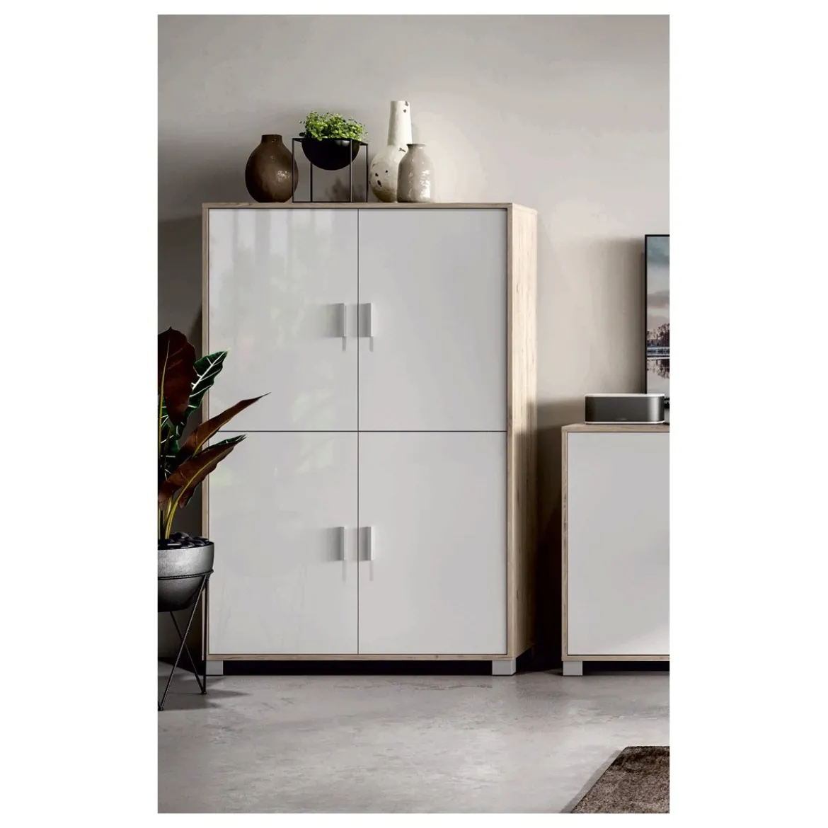 Mobile Credenza 4 Ante Olmo Bianco Lucido Buffet Moderna Dispensa Sala Soggiorno