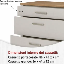 Mobile Cucina Base per Piano Cottura Beige Rovere con 3 Cassetti