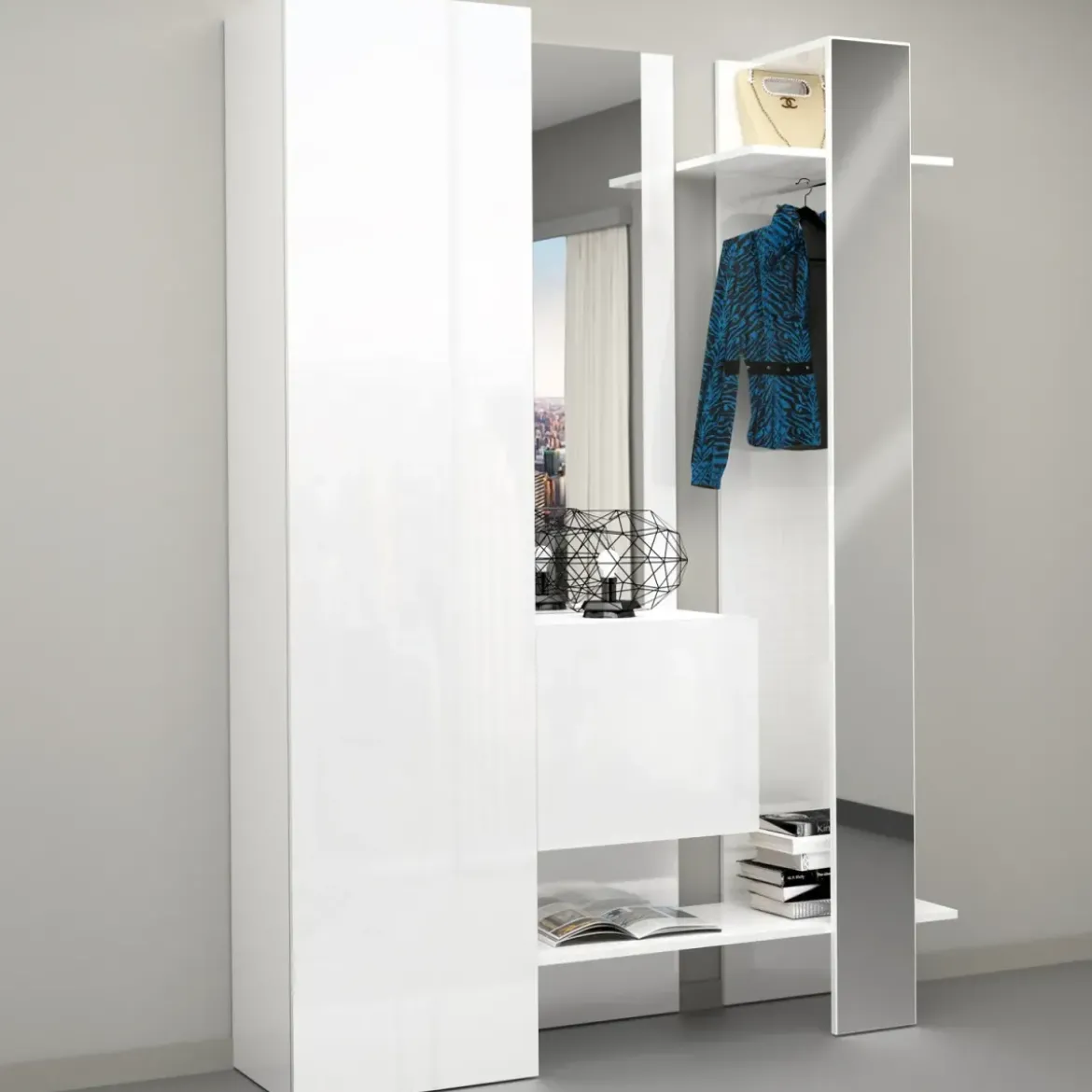 Mobile da Ingresso con Scarpiera Appendiabiti Specchio Bianco Lucido