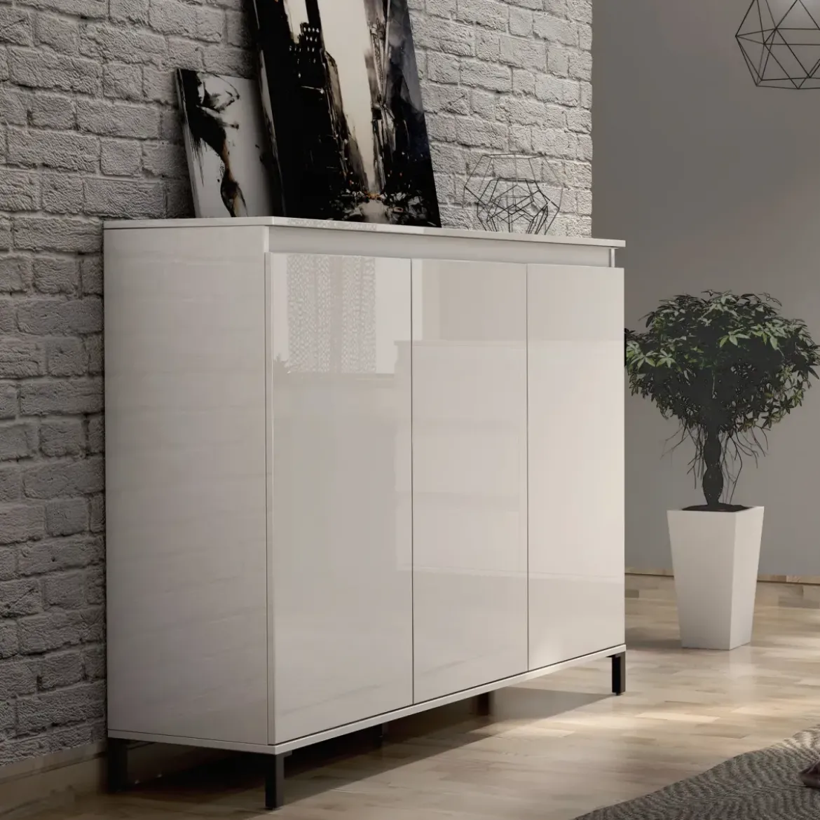 Mobile da Ingresso 138x110 cm Bianco Moderno 3 Ante 4 Ripiani