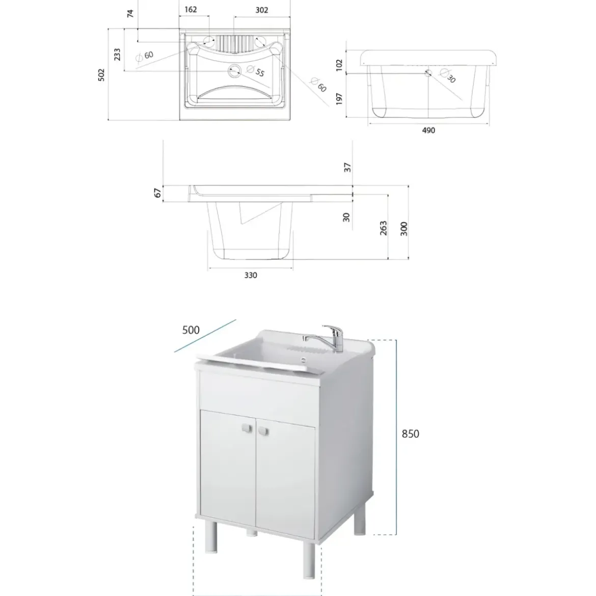 Mobile Lavatoio 2 Ante 60x50x85 cm Specchio 45x60x5 cm