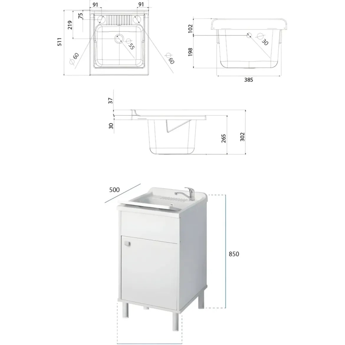 Mobile Lavatoio 45x50x85 cm con Specchio 45x60x5 cm Bianco