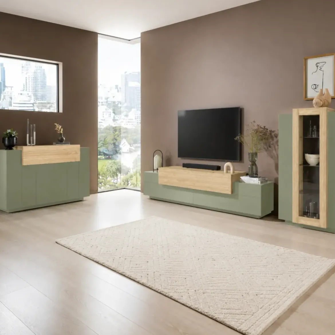 Mobile Porta Televisore Verde Salvia Rovere da Appoggio 3 Ante Ribalta