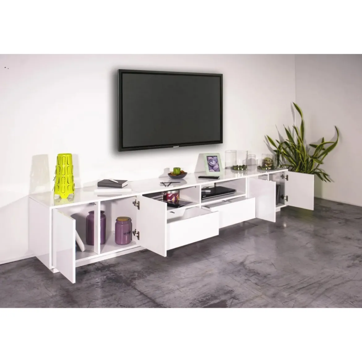 Mobile Porta TV Bianco Laccato 260 cm Madia Bassa per Soggiorno