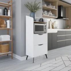 Mobiletto Porta Microonde Multiuso in Legno con Cassetti da Cucina Bianco