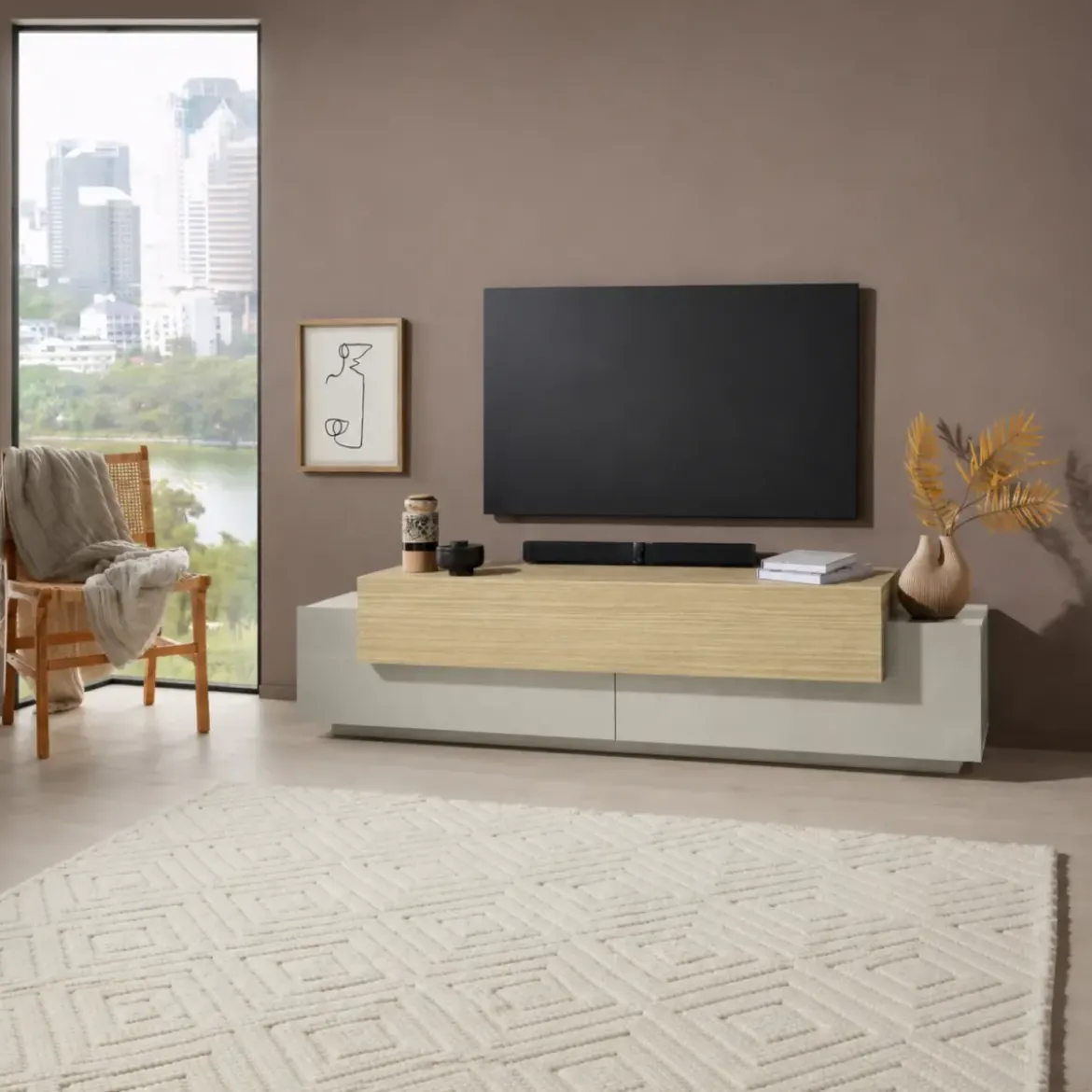 Mobile TV 200 cm 3 Ante a Ribalta Beige Rovere da Appoggio per Salotto