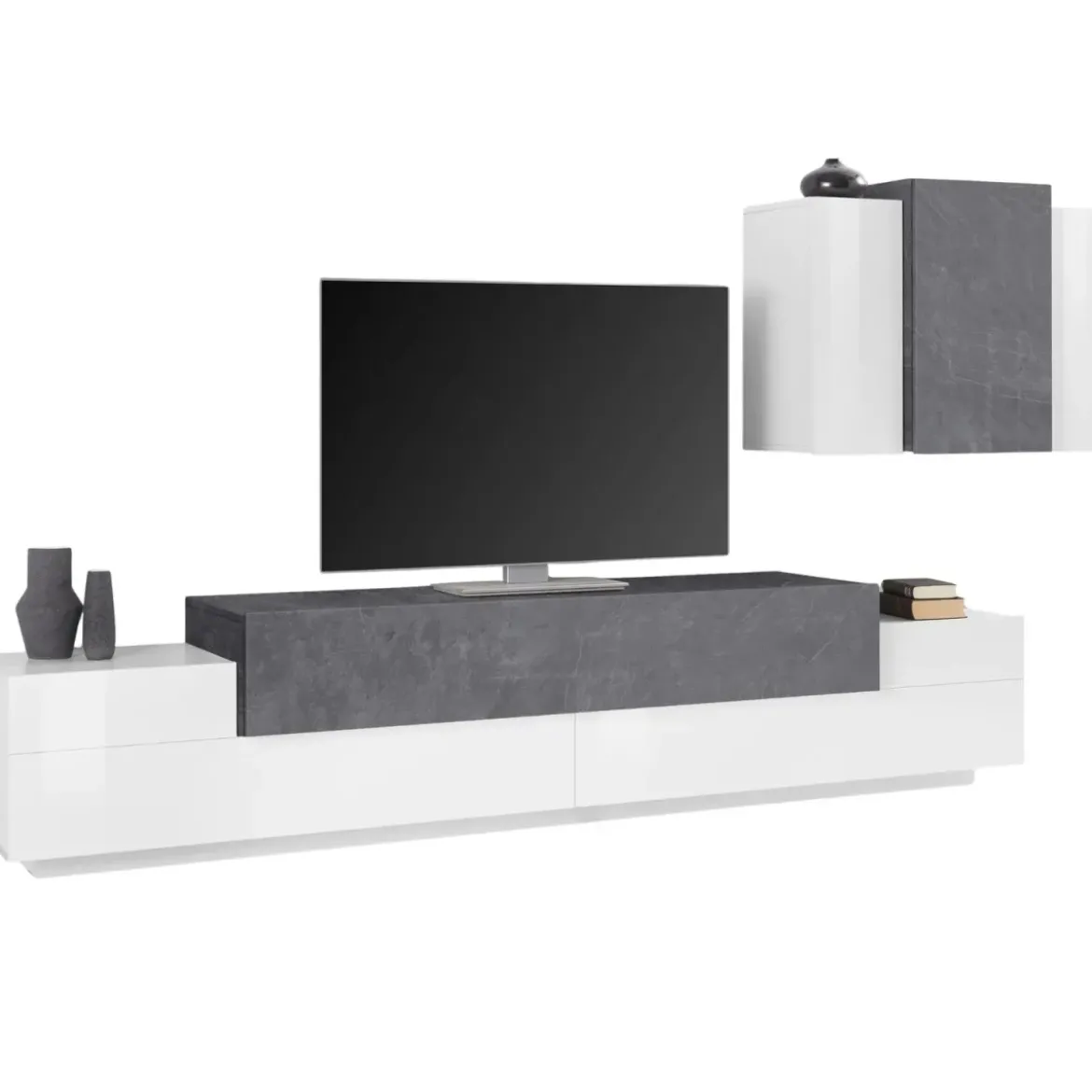 Mobile TV da Terra 240 cm con Pensile in Legno Bianco Lucido Report