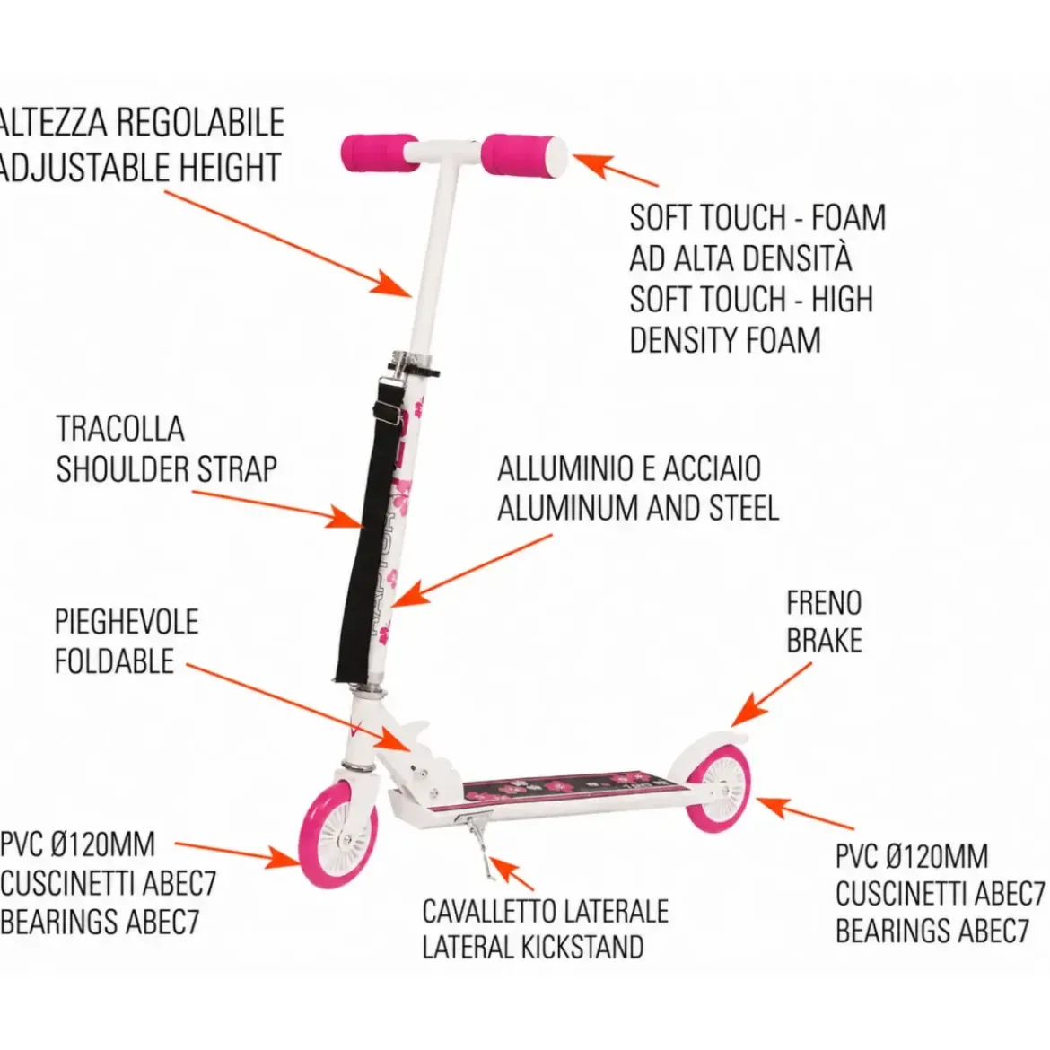 Monopattino Bambini 2 Ruote Pieghevole Bianco Fucsia Altezza Regolabile