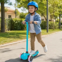 Monopattino 3 Ruote LED Bambini Pieghevole Azzurro Cuscinetti ABEC-5