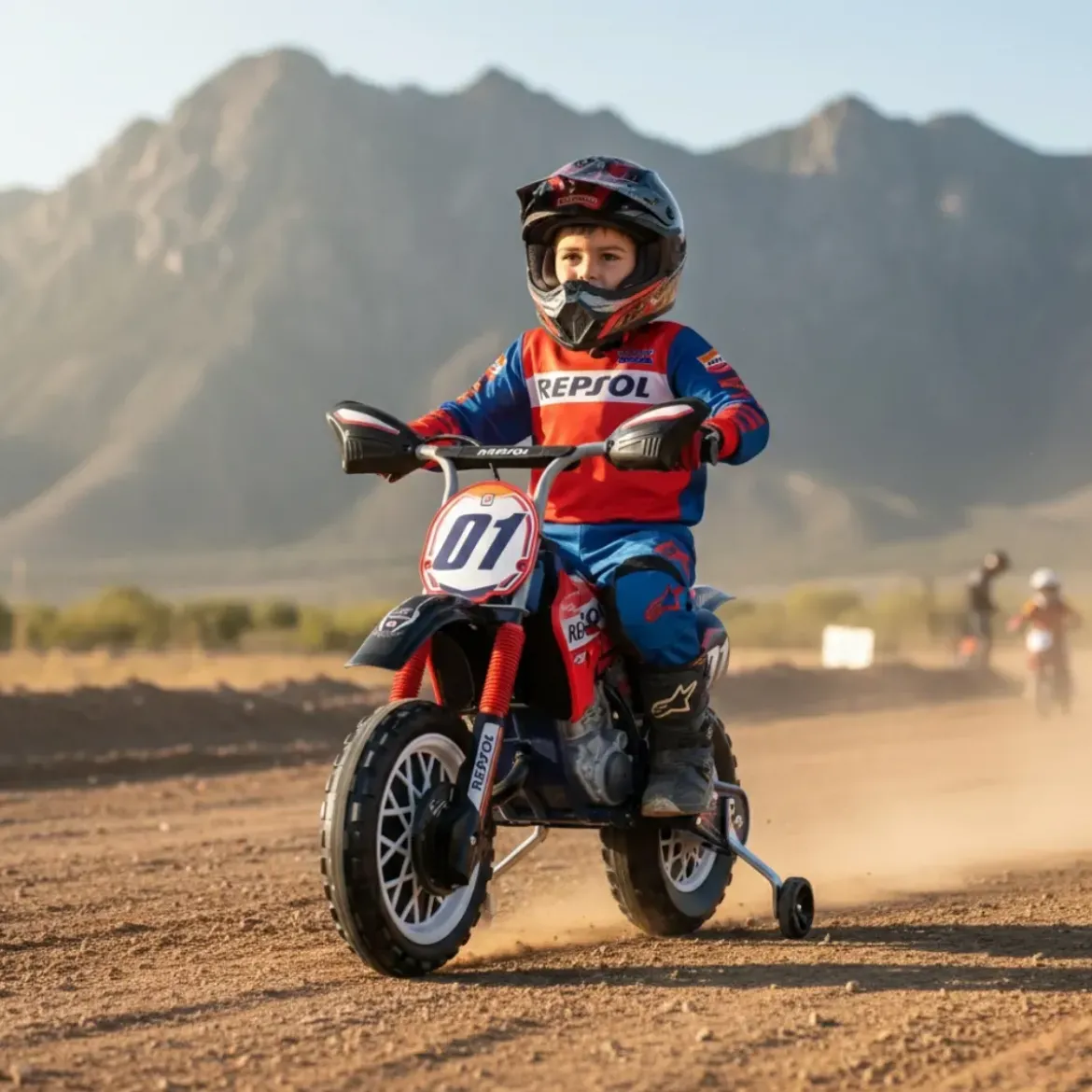 Moto Elettrica per Bambini Repsol 6V Rosso Blu Rotelle Laterali Sport