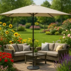 Ombrellone in Metallo 300x300 cm con Telo Beige Resistente da Esterno
