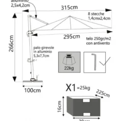 Ombrellone Quadrato 3x3 m Palo Laterale Bianco Tortora Telo Antivento