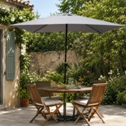 Ombrellone Rotondo Grigio 3 mt Push Up Antivento Tavolo Giardino Palo Centrale