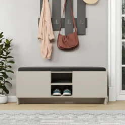 Panca Scarpiera con Seduta Imbottina 2 Ante con Nicchia a Giorno Beige