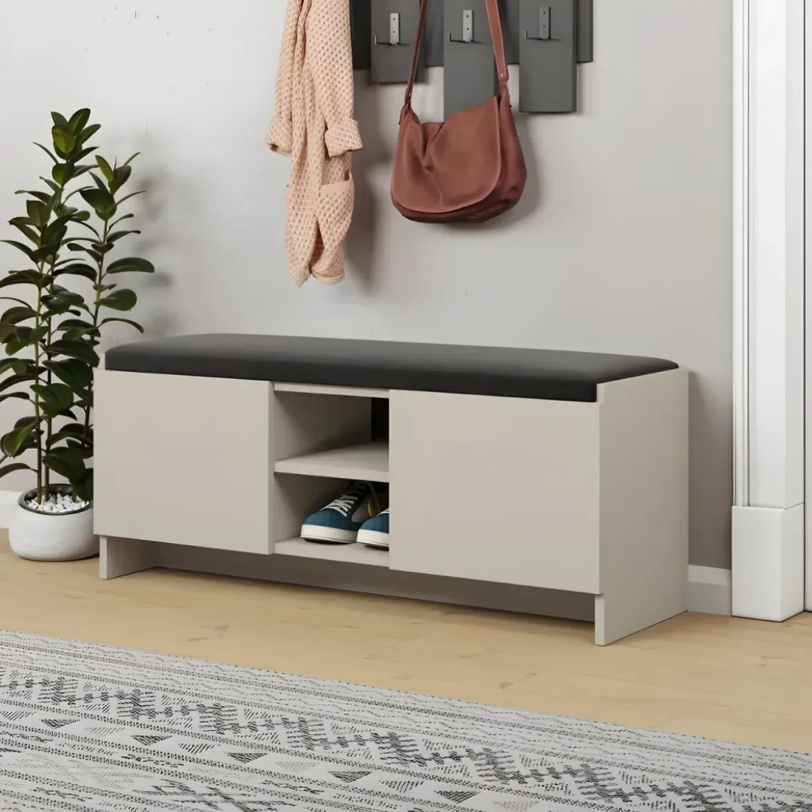 Panca Scarpiera con Seduta Imbottina 2 Ante con Nicchia a Giorno Beige