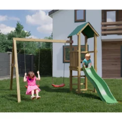 Parco Giochi in Legno con 2 Altalene Scivolo e Sabbiera 310x275x245cm