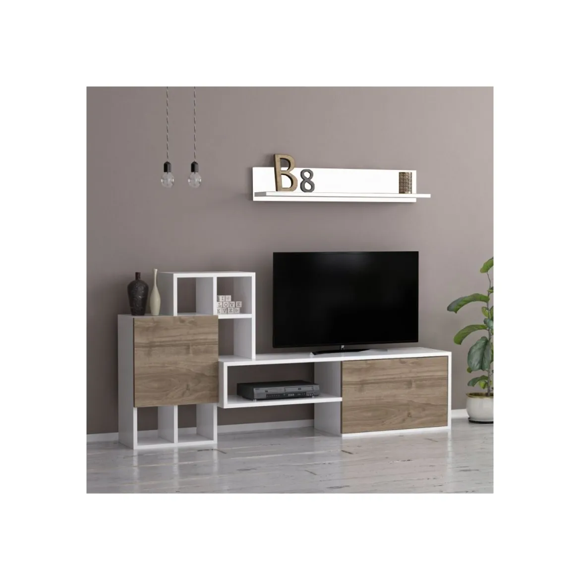 Parete Attrezzata in Legno Bianco e Noce Mobile Porta TV Moderno per Salotto