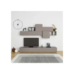 Parete Attrezzata in Legno Tortora 260 cm Mobile TV con vani a giorno e ante