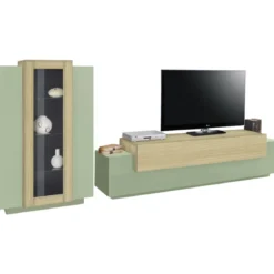 Parete Attrezzata Soggiorno 280 cm Verde Salvia Rovere Porta TV Vetrina