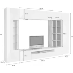Parete Attrezzata TV Moderna 290 cm in Legno Bianco Lucido Cemento