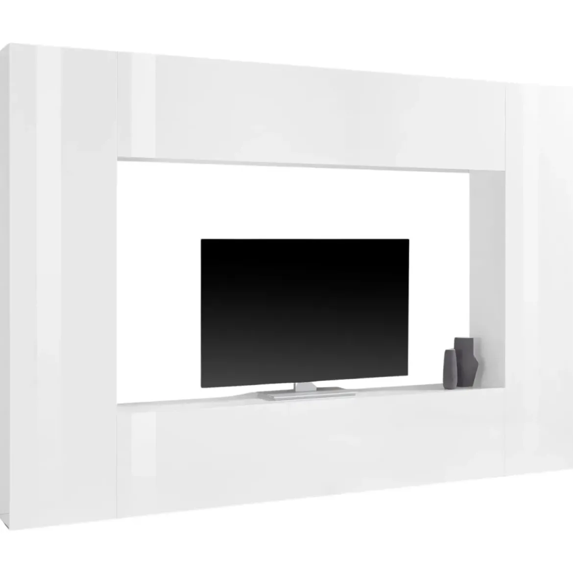 Parete Soggiorno Attrezzata Bianco Lucido Porta TV Pensile Vasistas